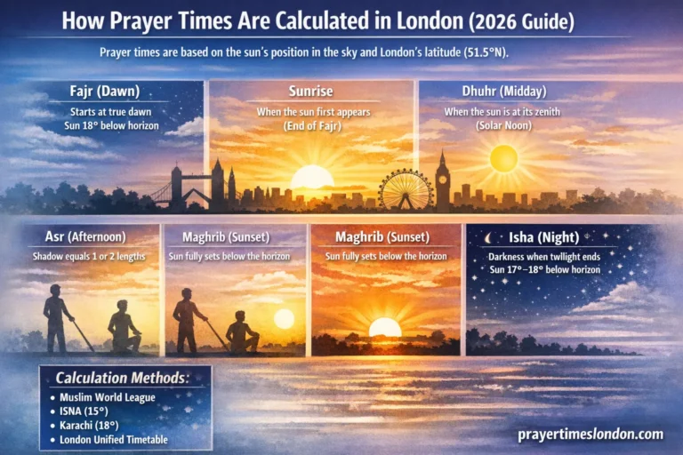 How prayer times are calculated in London 2026 showing Fajr, Sunrise, Dhuhr, Asr, Maghrib and Isha based on sun position over London skyline