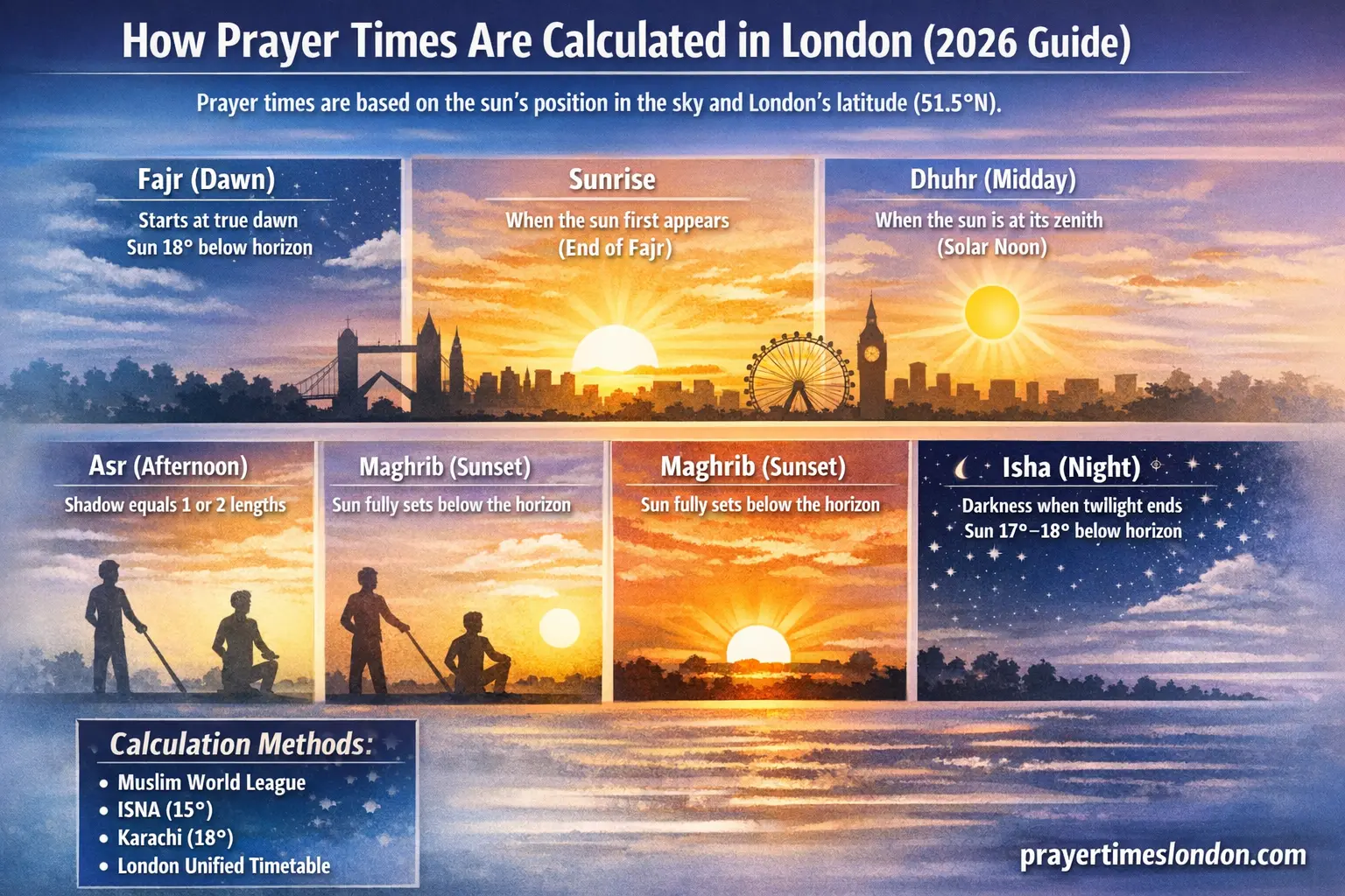 How prayer times are calculated in London 2026 showing Fajr, Sunrise, Dhuhr, Asr, Maghrib and Isha based on sun position over London skyline