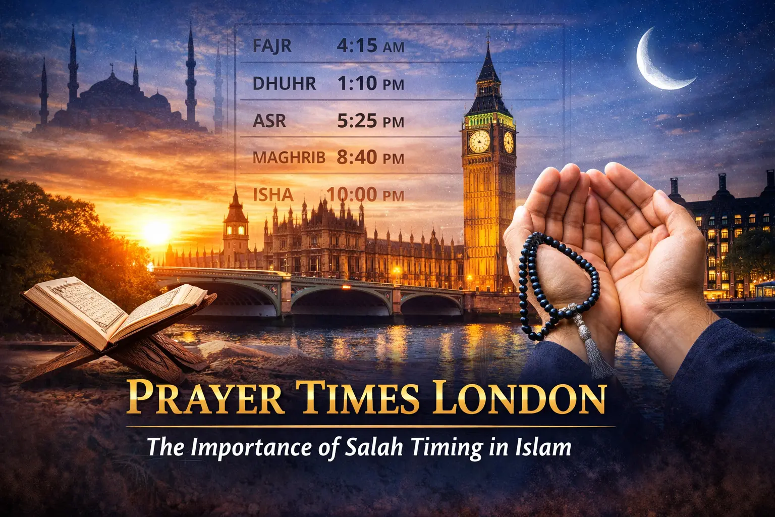 London skyline at sunset with Big Ben and Tower Bridge, Islamic prayer timetable overlay showing Fajr, Dhuhr, Asr, Maghrib and Isha times, and a Muslim holding prayer beads and Quran symbolizing accurate prayer times in London.