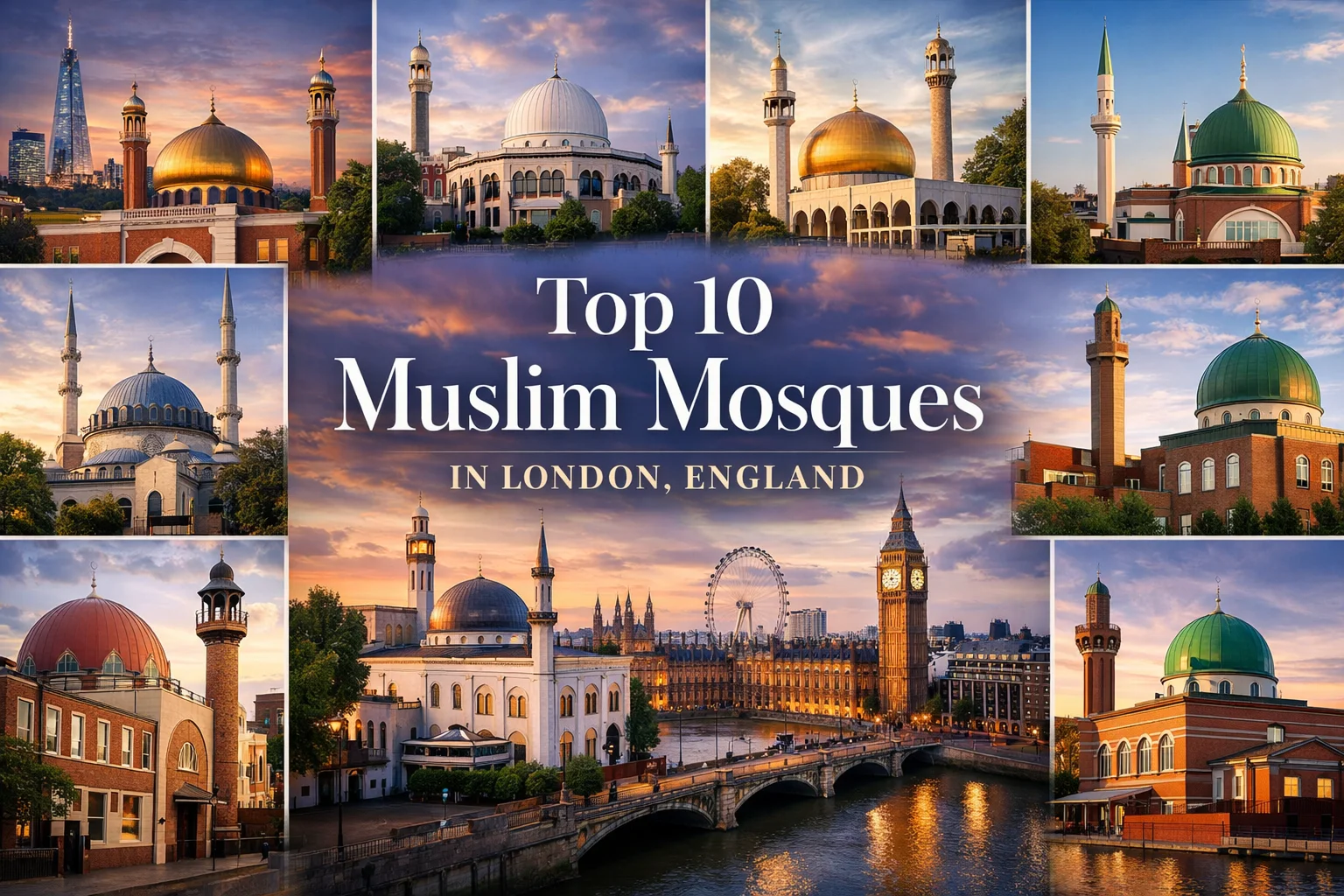 Collage-style feature image showing ten prominent mosques in London at sunset, arranged around the centered title “Top 10 Muslim Mosques in London, England” in Playfair Display font, with the London skyline and River Thames in the background.